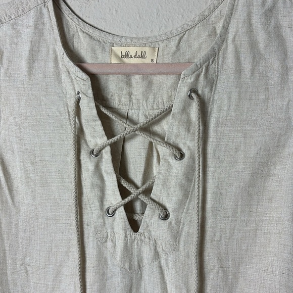 Bella Dahl Linen Tencel Blend lace up Neck Beige Dress size Small - Picture 3 of 9